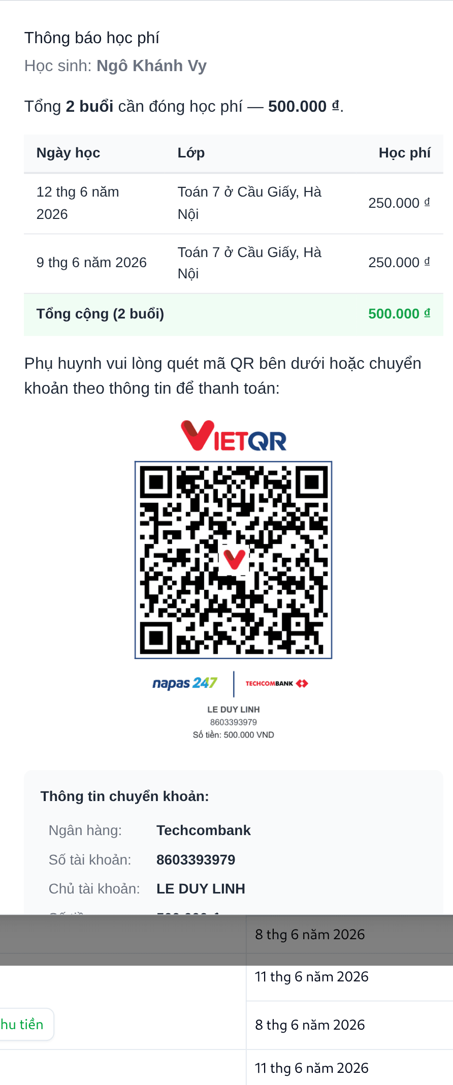 Phiếu thu học phí kèm mã QR VietQR