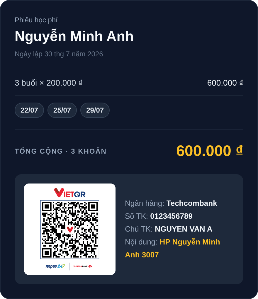 Mẫu phiếu thu học phí nền tối