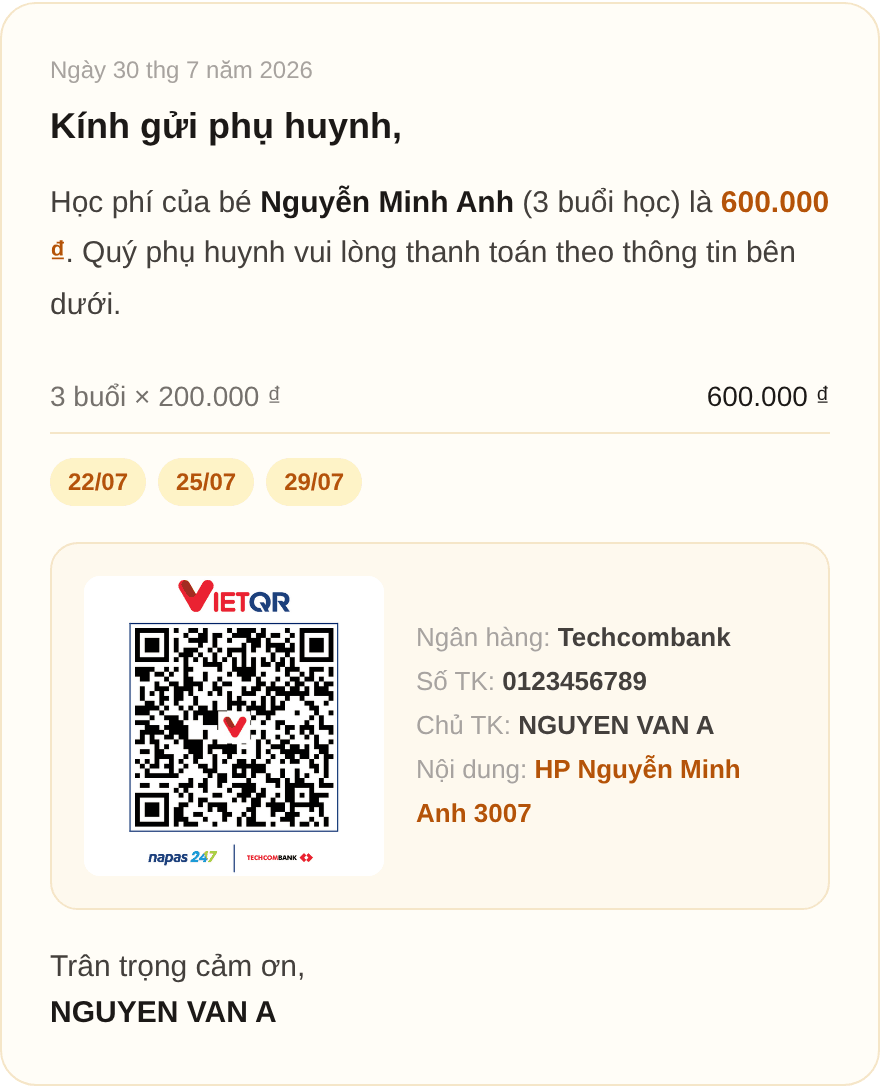 Phiếu thu học phí liệt kê các buổi đã học, kèm mã QR chuyển khoản đúng số tiền