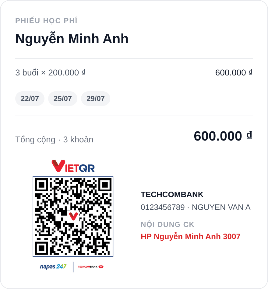 Mẫu phiếu thu học phí tối giản
