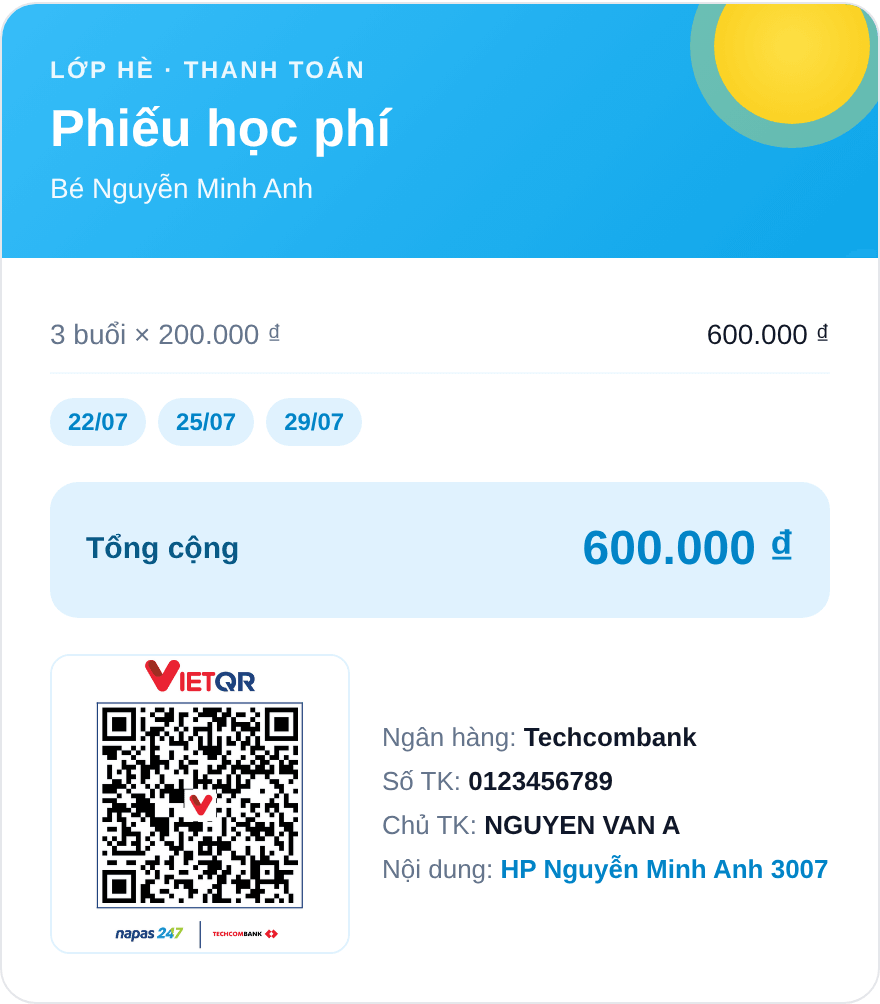 Mẫu phiếu thu học phí nhiều màu