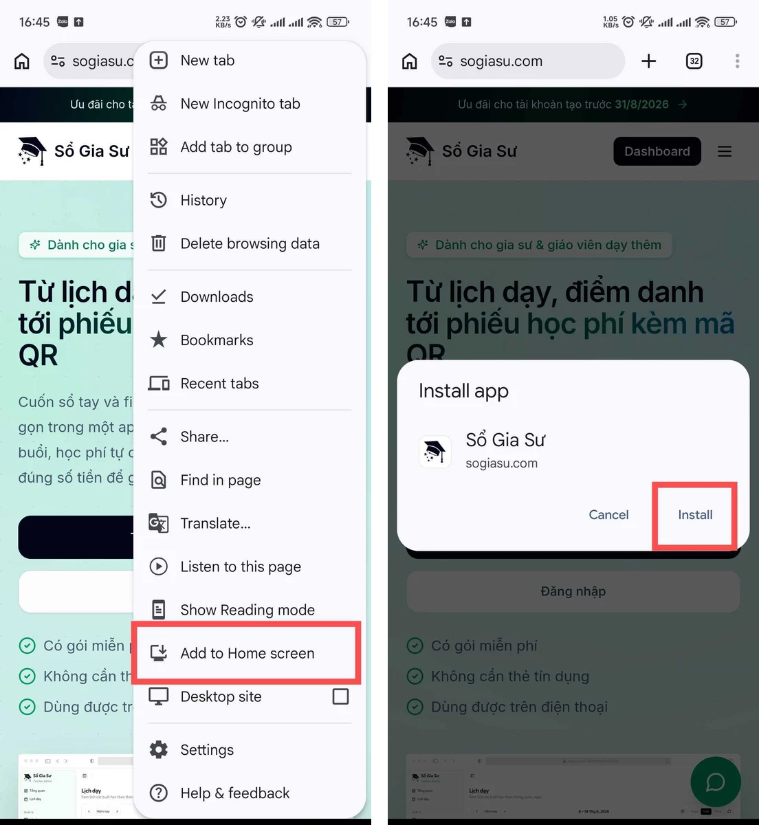 Menu Chrome trên Android với dòng Add to Home screen, và hộp Install app của Sổ Gia Sư