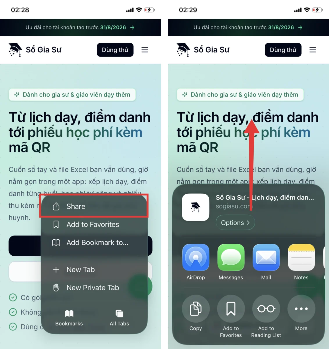 Menu Safari trên iPhone với dòng Share, và bảng chia sẻ vừa mở ra
