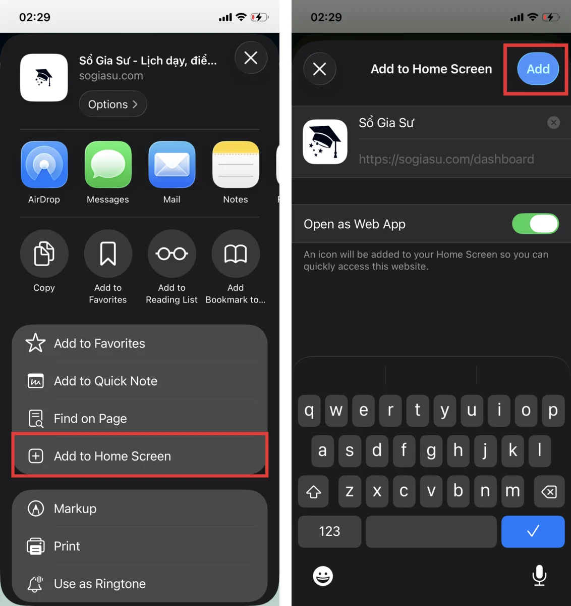 Dòng Add to Home Screen trong bảng chia sẻ, và bảng xác nhận thêm Sổ Gia Sư ra màn hình chính