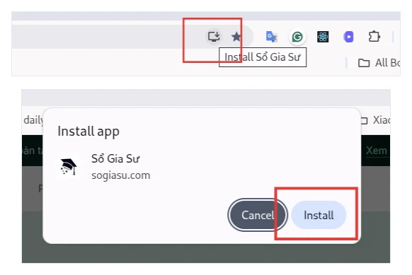 Nút Install ở cuối ô địa chỉ Chrome và hộp Install app của Sổ Gia Sư