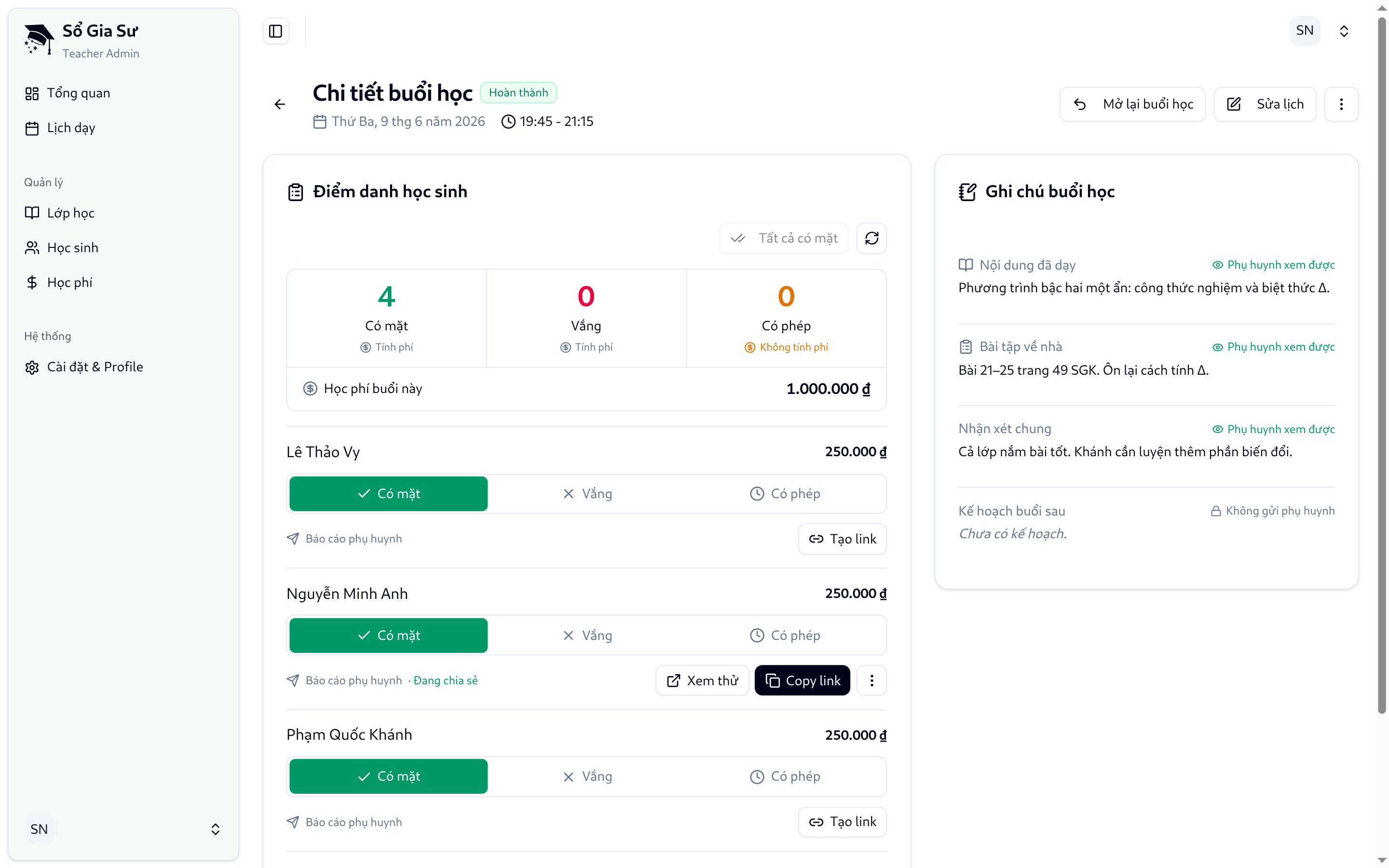 Màn hình điểm danh học sinh trên app Sổ Gia Sư
