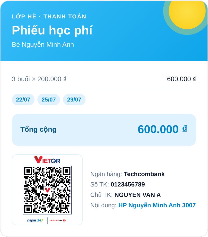 Phiếu học phí trên Sổ Gia Sư hiển thị số buổi, đơn giá và tổng cộng